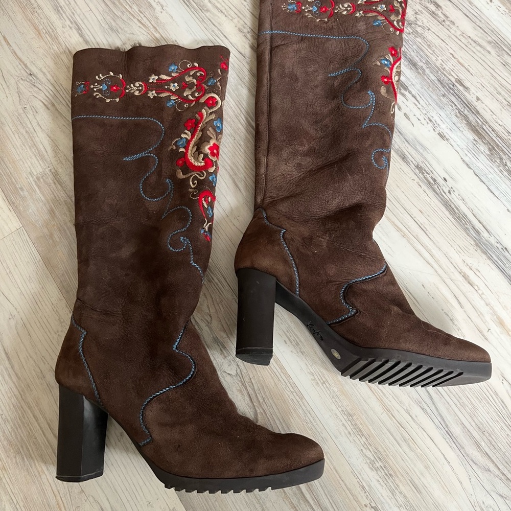 KENZO shearling-lined embroidered boots WOMEN’S SZ 39 Brown - Rare
